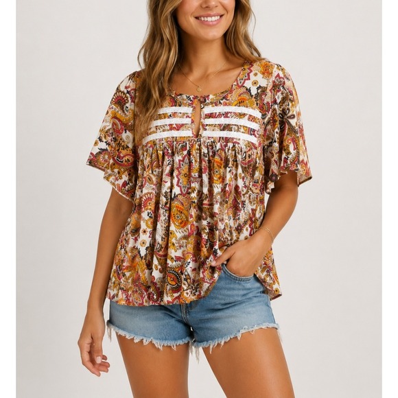 Fun & Flirt Tops - Fun & Flirt Womens Boho Paisley Babydoll Top Orange Red Butterfly Sleeve Large
